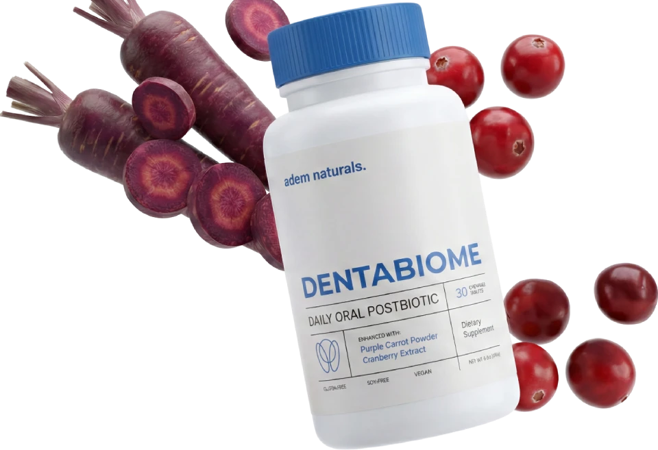 DentaBiome oral postbiotic chewable tablet bottle for gum and tooth health, 1 month supply