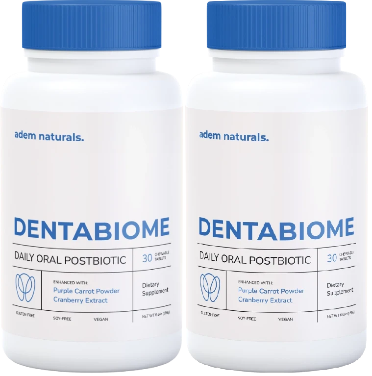 Two bottles of DentaBiome oral postbiotic chewable tablets, 60 day gum health supply